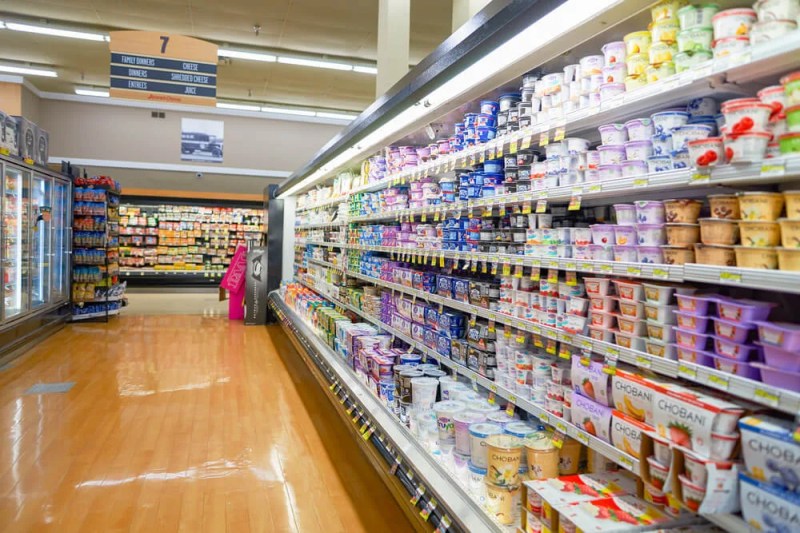 Inside a grocery store's dairy section