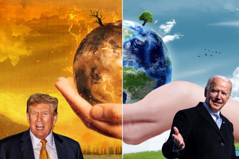 The image shows a person holding a globe with half of it on fire, while the other half remains in tact. Donald Trump is in the left frame, and President Biden on the right.
