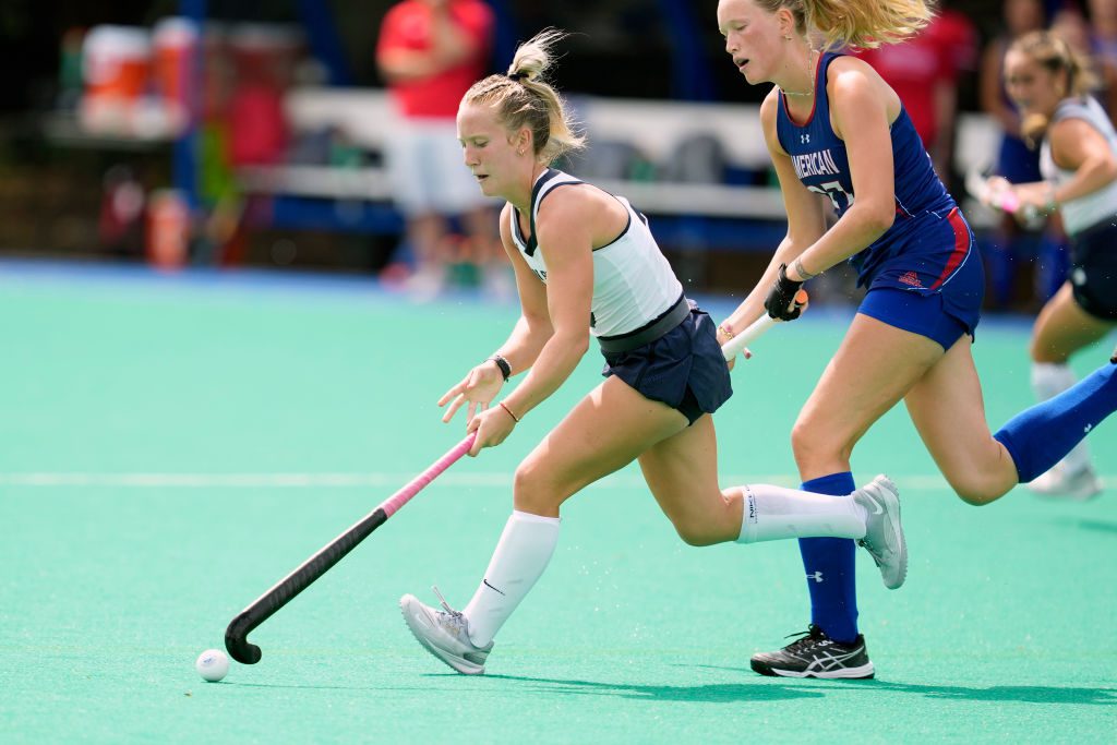 WASHINGTON, DC - AUGUST 23: Sophia Gladieux #2 of the Penn State Nittany Lions runs with the ball during a college field hockey match against the American University Eagles at Jacobs Field on August 23, 2023 in Washington, DC. (Photo by Mitchell Layton/Getty Images)