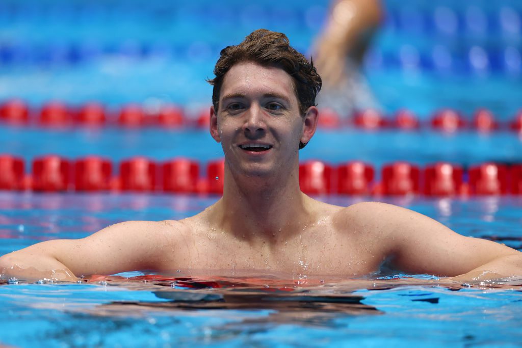 INDIANAPOLIS, INDIANA - JUNE 20: Chris Guiliano of the United States reacts after the Men's 50m freestyle semifinal on Day Six of the 2024 U.S. Olympic Team Swimming Trials at Lucas Oil Stadium on June 20, 2024 in Indianapolis, Indiana. (Photo by Maddie Meyer/Getty Images)