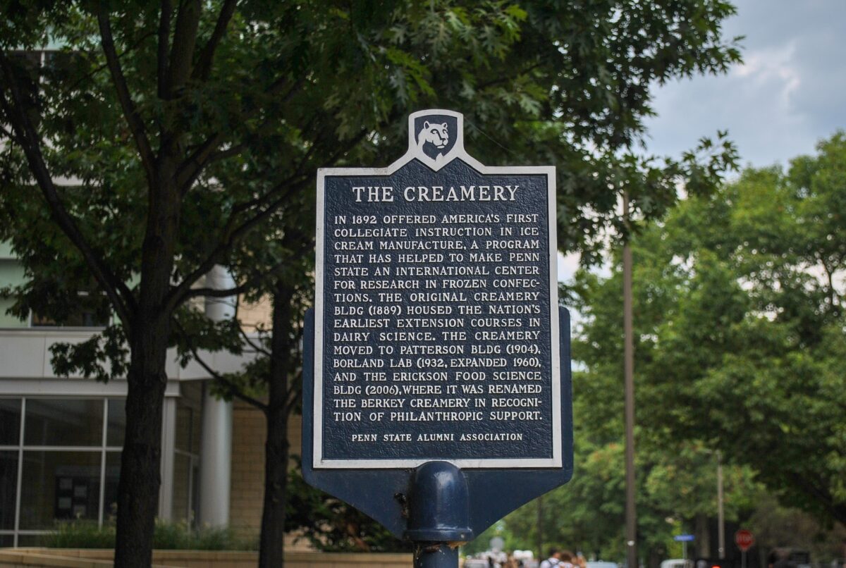 State College, Pennsylvania - August 30 2022: Pennsylvania Historical Marker at Penn State University Park for The Creamery