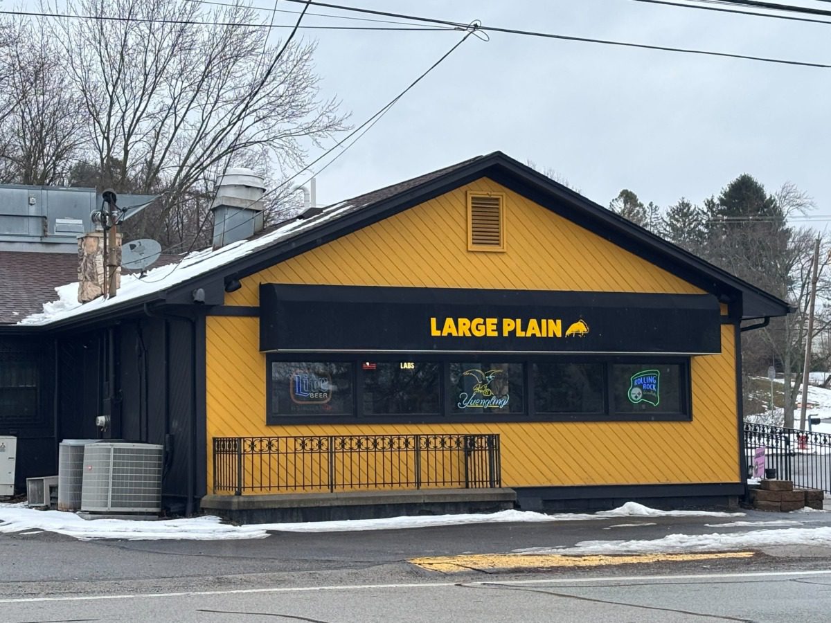 snowy storefront of Large Plain Pizza in Pittsburgh