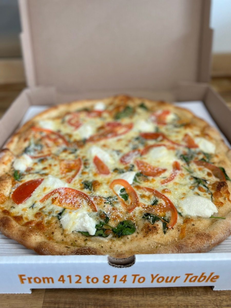 Fresh blanca pizza in box from Colony Pizza in Erie