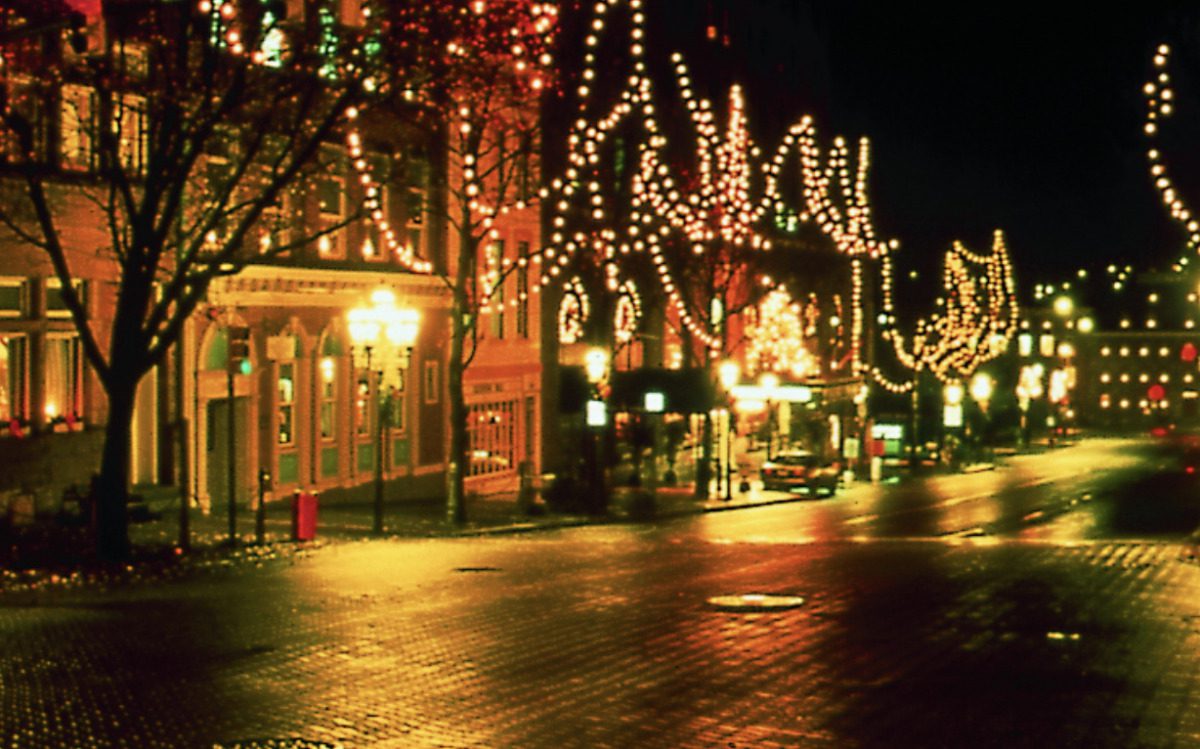 Main Street Bethlehem covered in holiday lights