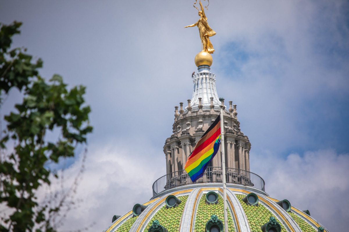 Pride flag in front of PA state capital