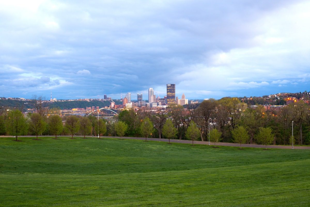 Schenley Park at Oakland neighborhood and downtown city skyline, Pittsburgh
